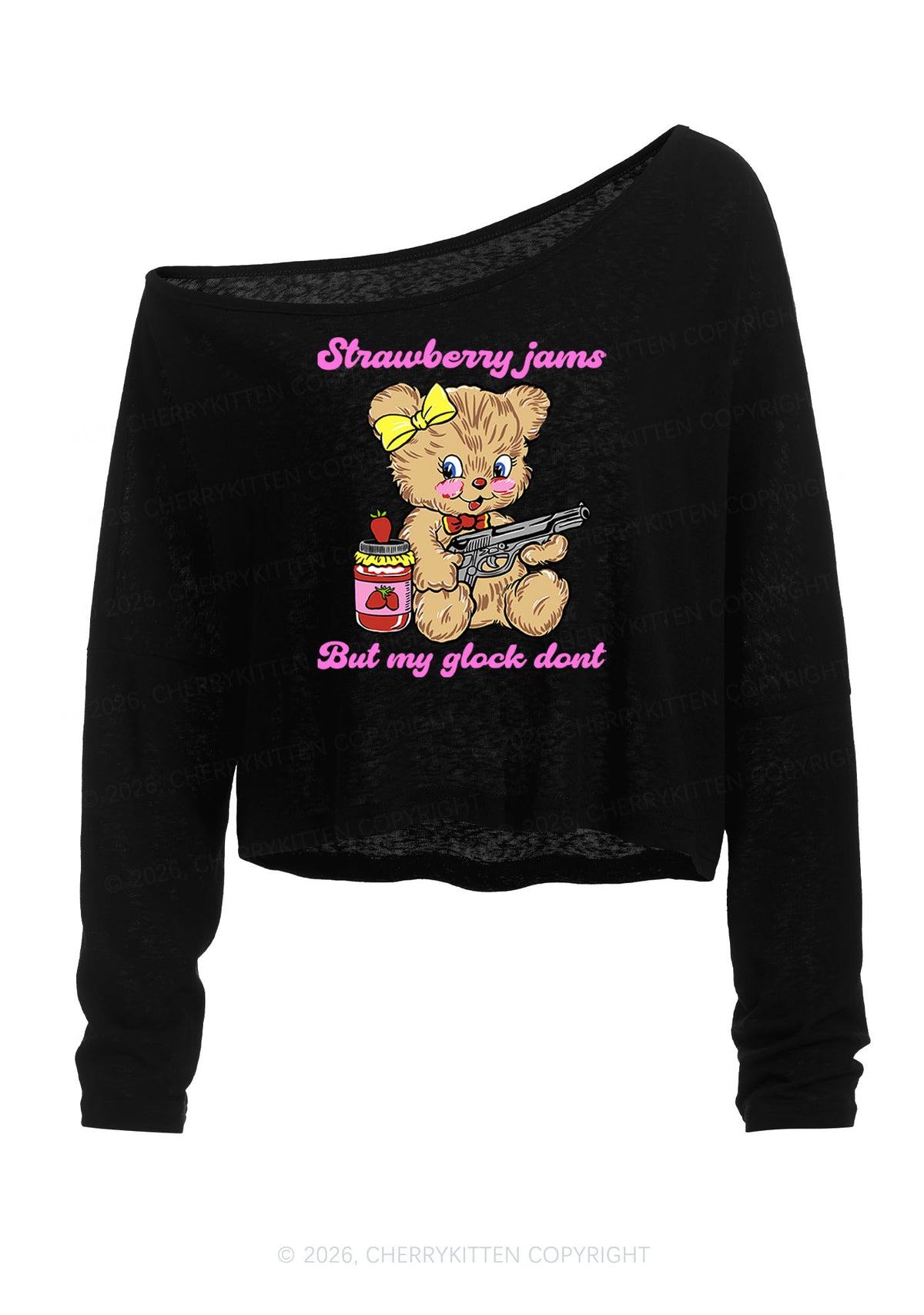Strawberry Jams Bear Y2K Off Shoulder Long Sleeve Crop Top Cherrykitten