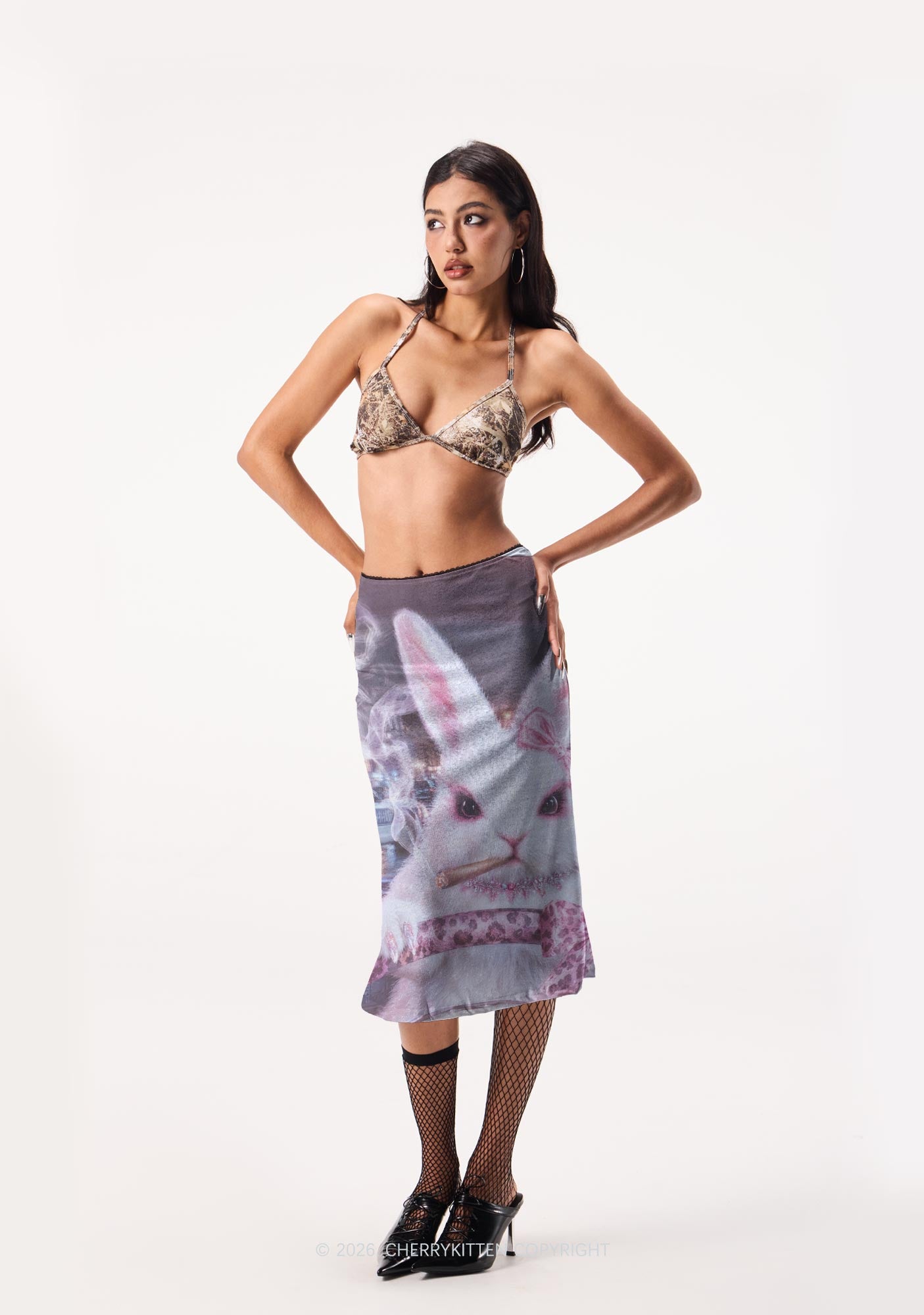 Smoking Bunny Driver Y2K Print Midi Skirt Cherrykitten