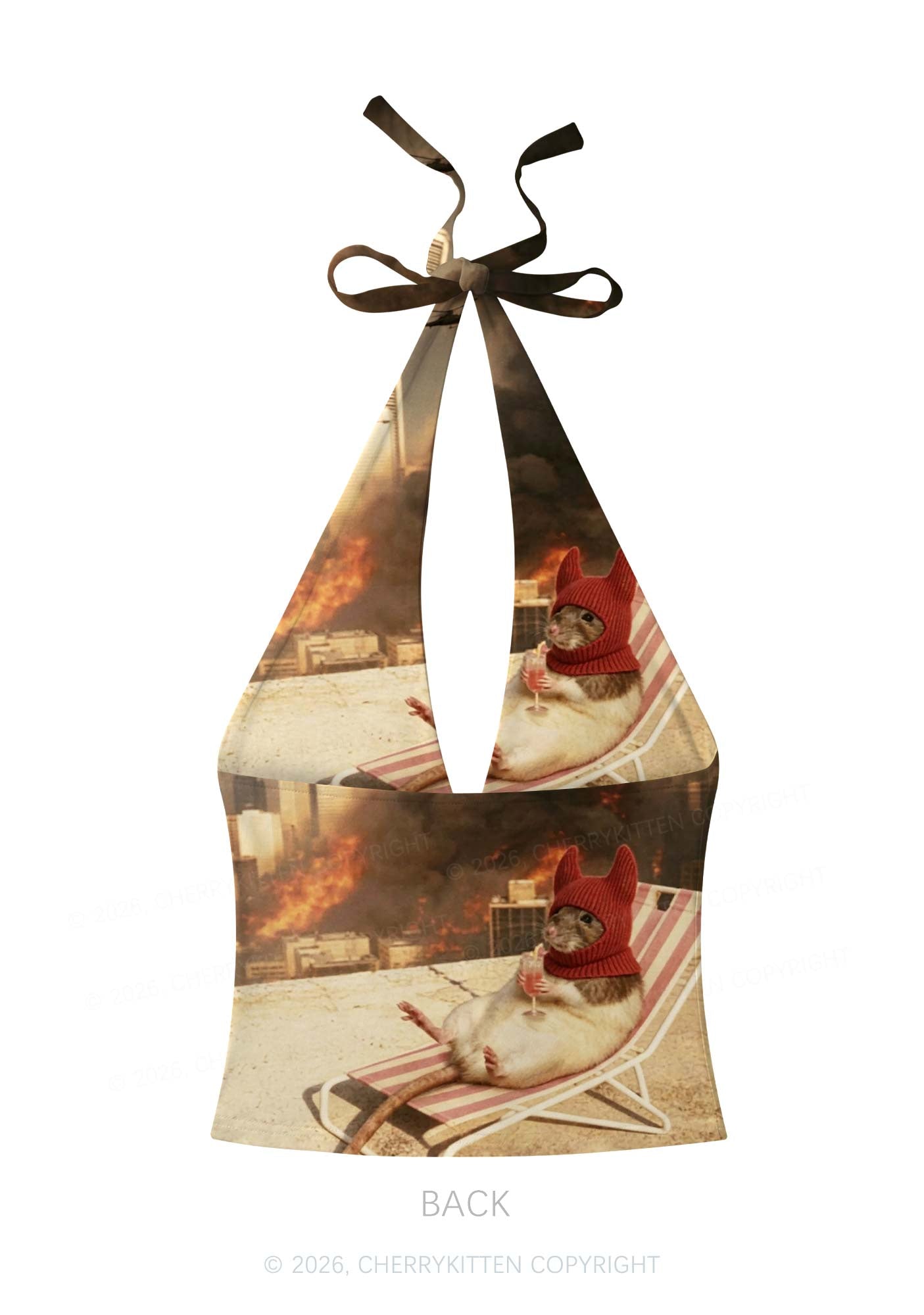 Halloween Fire City Devil Hat Rat Y2K Print Halter Deep V Neck Cami Cherrykitten