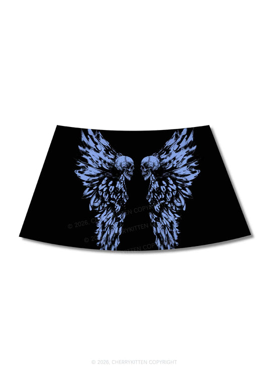 Halloween Blue Skull Angel Wings Y2K Print Mini Skirt Cherrykitten