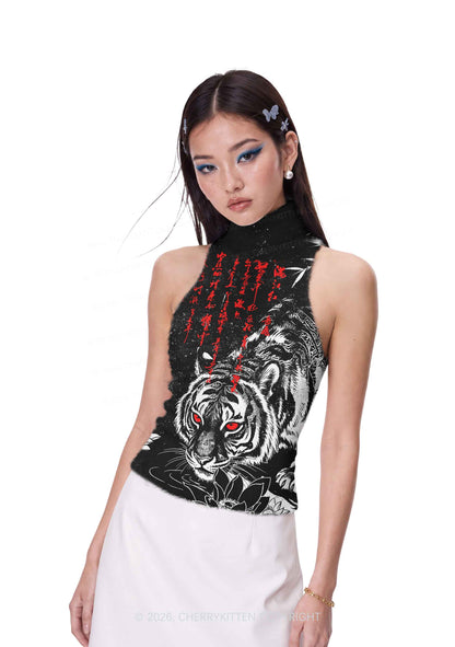 Red Eyes Tiger Y2K Knit Turtleneck Tank Top Cherrykitten