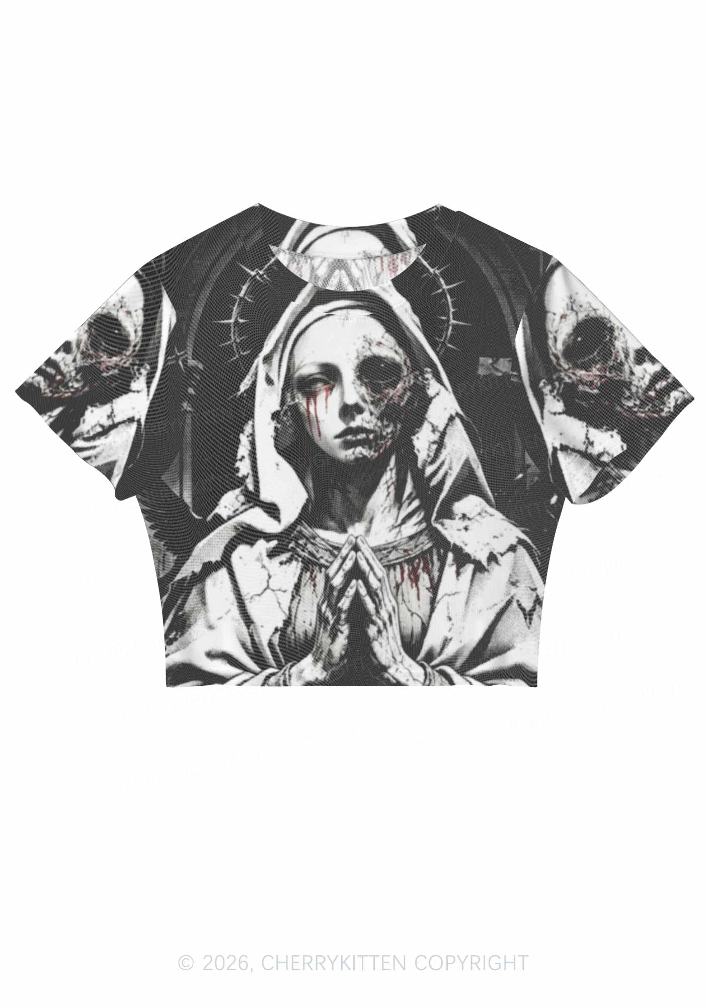 Halloween Decaying Prayer Figure Y2K Mesh Crop Top Cherrykitten