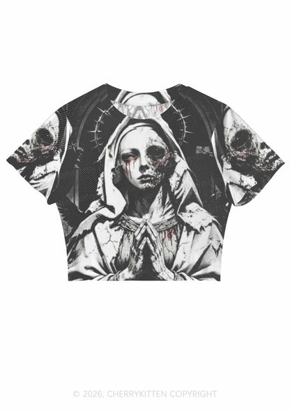Halloween Decaying Prayer Figure Y2K Mesh Crop Top Cherrykitten