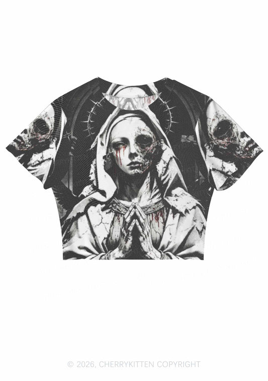 Halloween Decaying Prayer Figure Y2K Mesh Crop Top Cherrykitten