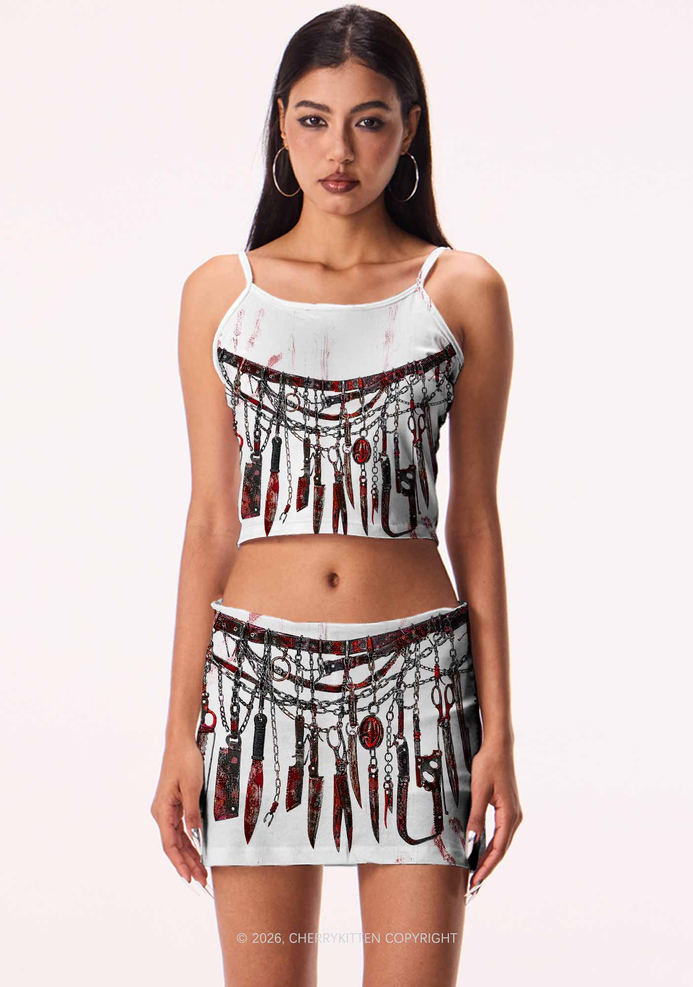 Halloween Bloody Weapon Chains Y2K Print Mini Skirt Cherrykitten