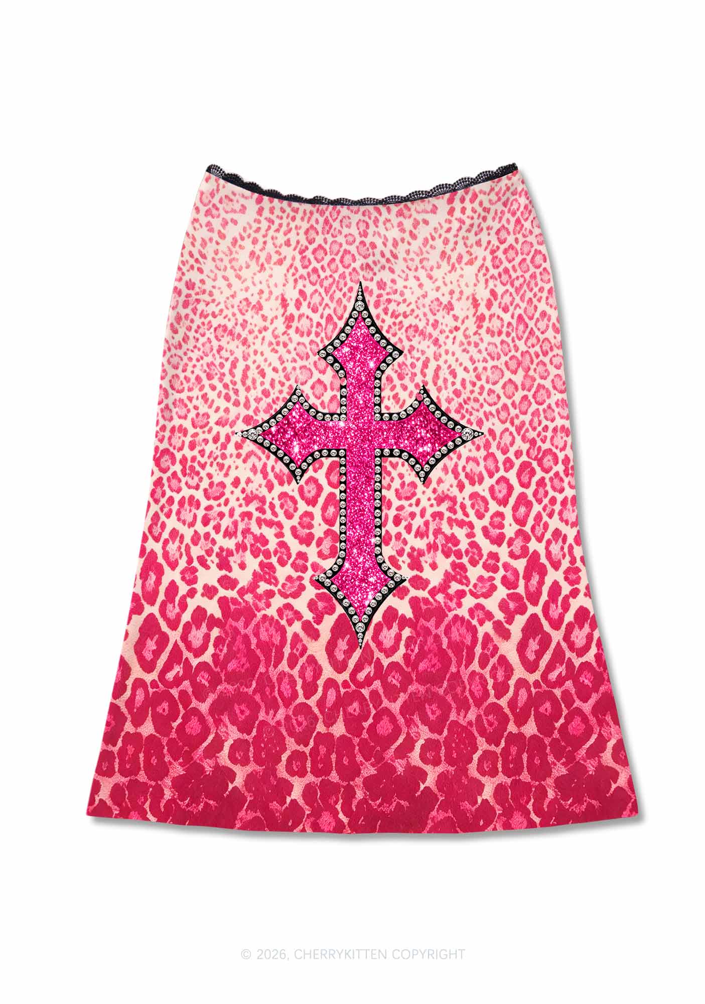 Halloween Pink Leopard Cross Y2K Print Midi Skirt Cherrykitten