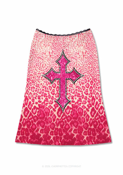Halloween Pink Leopard Cross Y2K Print Midi Skirt Cherrykitten