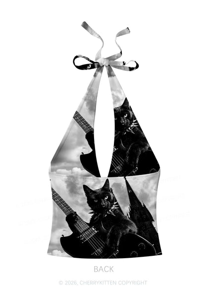 Halloween Guitar Black Cat Y2K Print Halter Deep V Neck Cami Cherrykitten