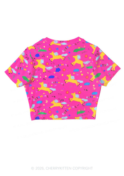 Orange Pony On Hot Pink Y2K Mesh Crop Top Cherrykitten