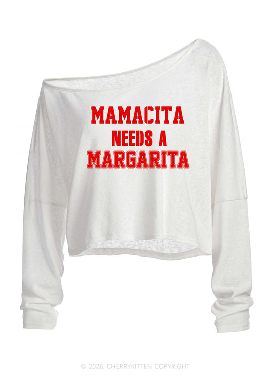 Mamacita Needs A Margarita Y2K Off Shoulder Long Sleeve Crop Top Cherrykitten