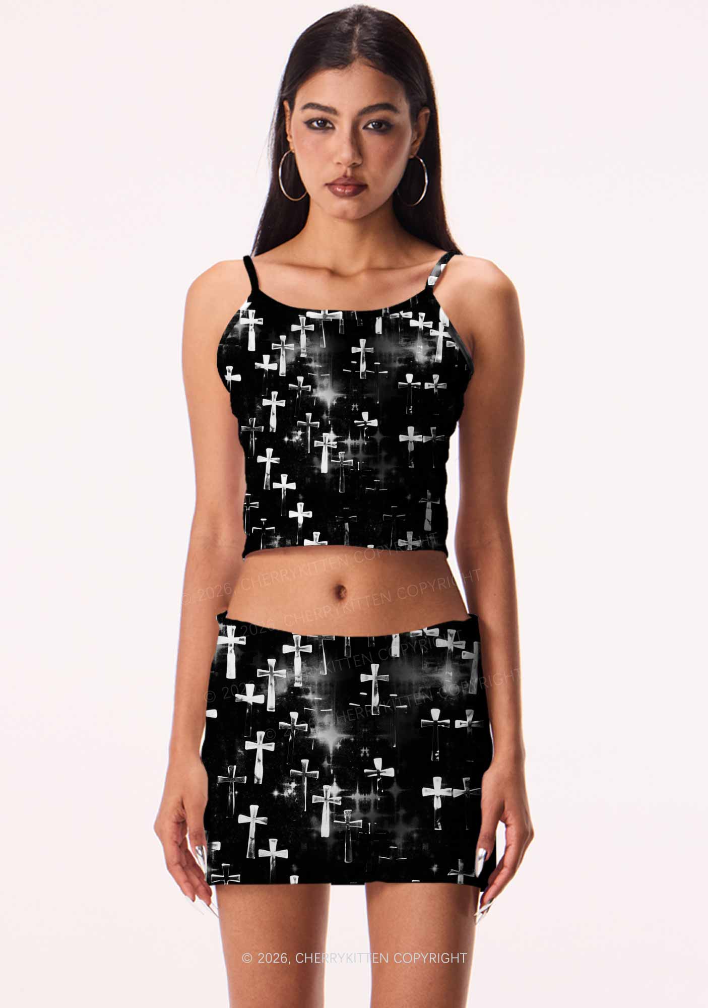 Halloween Silver Cross On Black Y2K Print Mini Skirt Cherrykitten