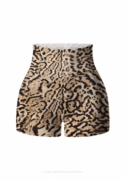 Brown Black Leopard Y2K Print Gym Shorts Cherrykitten