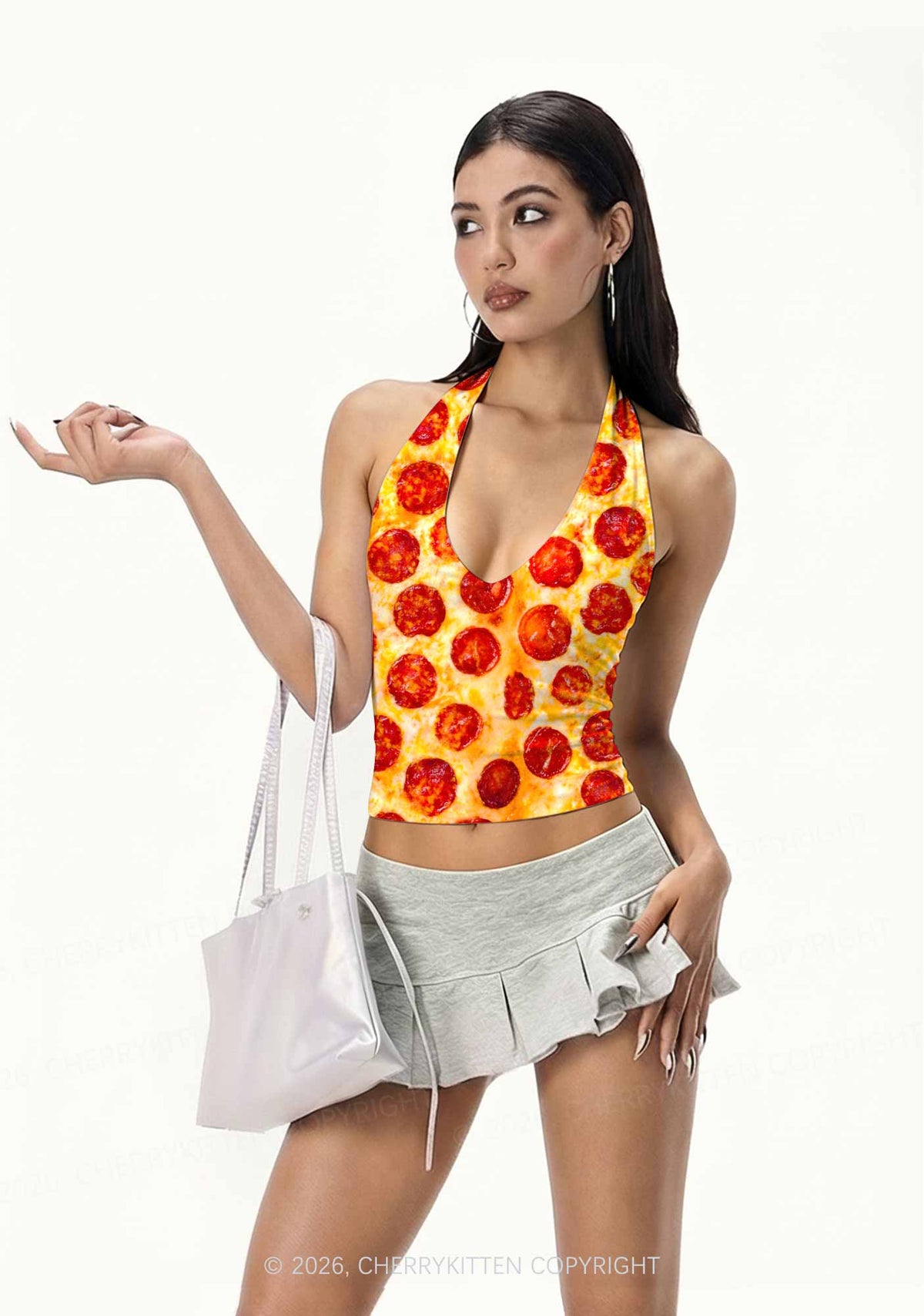 Sausage Pizza Y2K Print Halter Deep V Neck Cami Cherrykitten