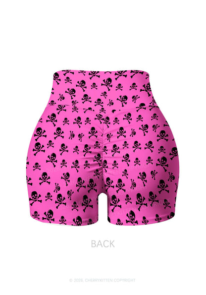 Halloween Pink Skulls Y2K Print Gym Shorts Cherrykitten