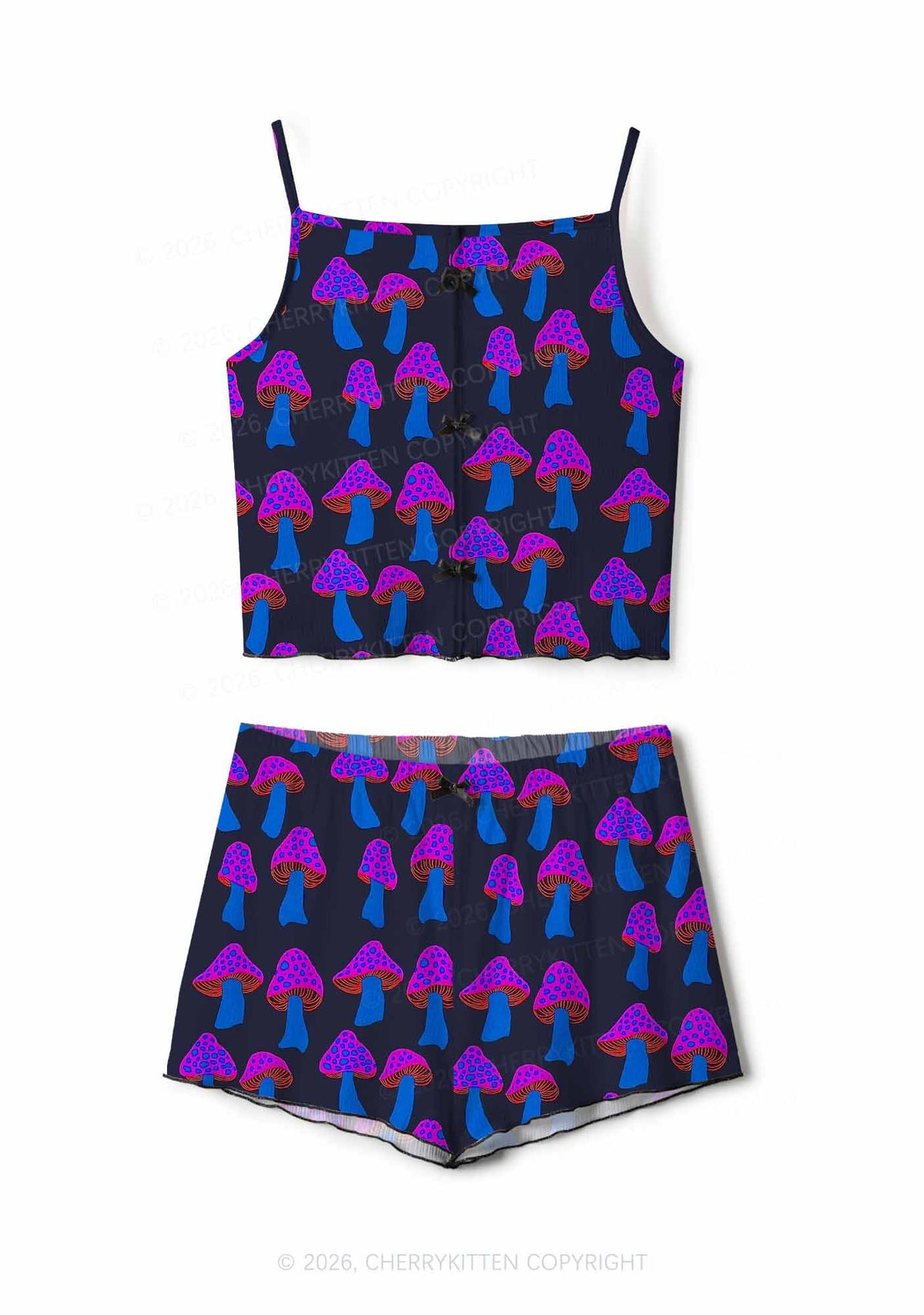 Blue Mushroom Y2K Print Cami Shorts Pajama Set Cherrykitten