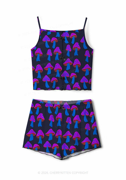 Blue Mushroom Y2K Print Cami Shorts Pajama Set Cherrykitten