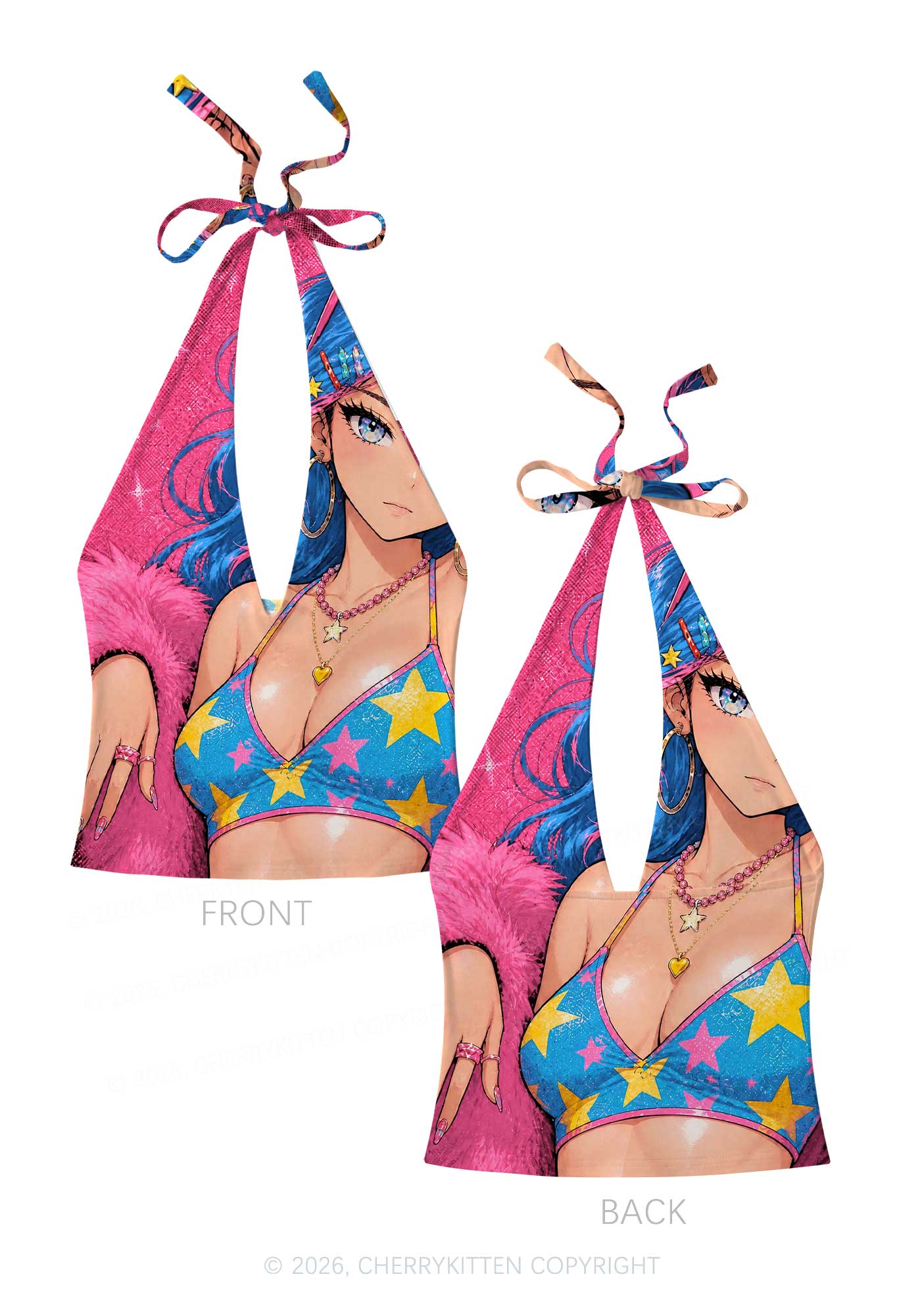 Kawaii Manga Girl Y2K Print Halter Deep V Neck Cami Cherrykitten