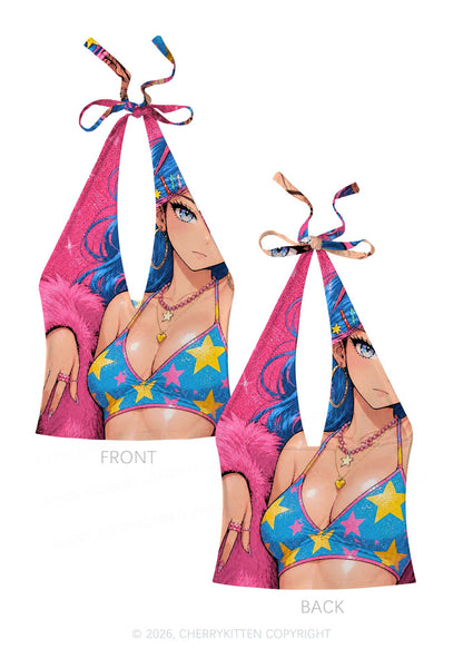 Kawaii Manga Girl Y2K Print Halter Deep V Neck Cami Cherrykitten