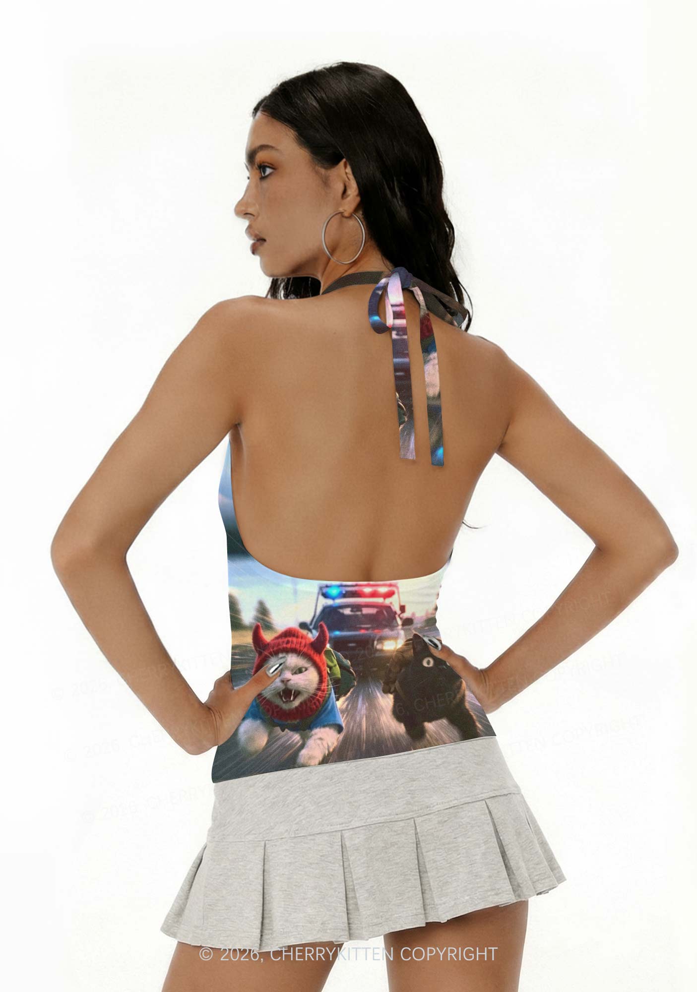 Halloween Chase Cat Y2K Print Halter Deep V Neck Cami Cherrykitten