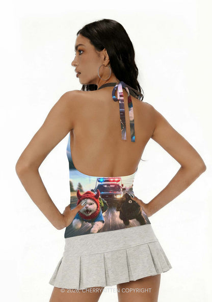 Halloween Chase Cat Y2K Print Halter Deep V Neck Cami Cherrykitten