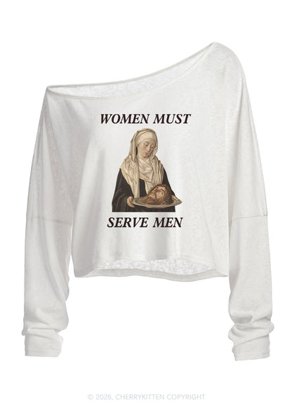 Women Must Serve Men Y2K Off Shoulder Long Sleeve Crop Top Cherrykitten