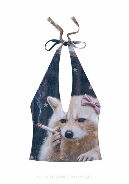 Pink Bow Smoking Raccoon Y2K Print Halter Deep V Neck Cami Cherrykitten