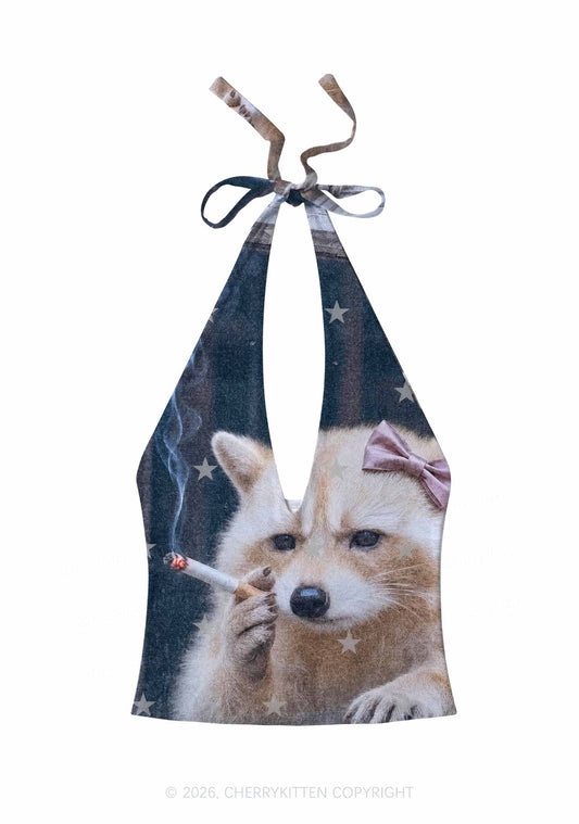 Pink Bow Smoking Raccoon Y2K Print Halter Deep V Neck Cami Cherrykitten