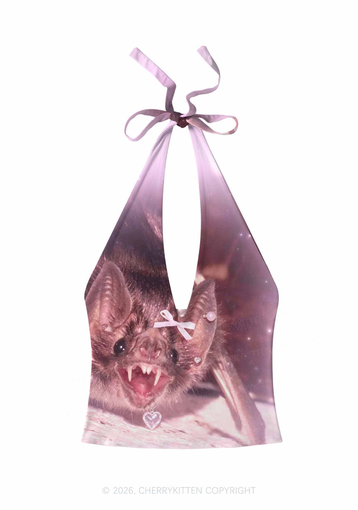 Halloween Pink Bow Bat Y2K Print Halter Deep V Neck Cami Cherrykitten