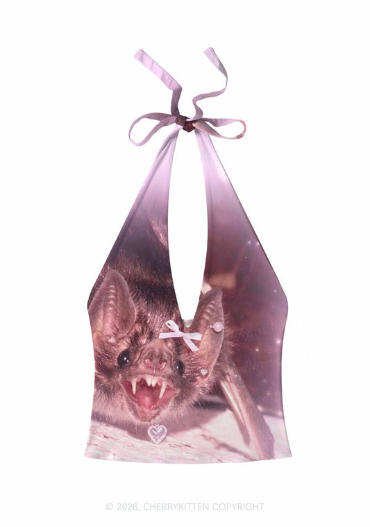 Halloween Pink Bow Bat Y2K Print Halter Deep V Neck Cami Cherrykitten