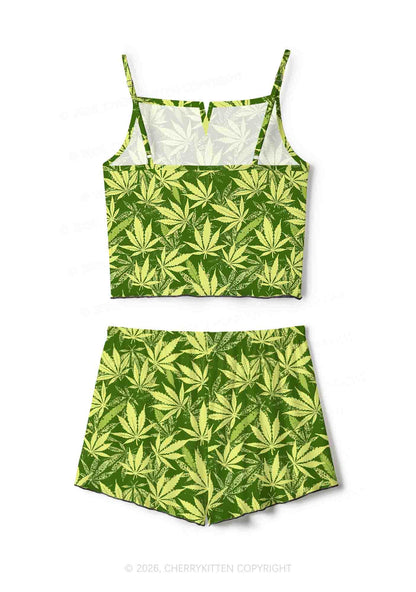 Green Wxxd Leaf Y2K Print Cami Shorts Pajama Set Cherrykitten