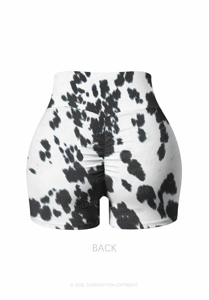 Black And White Cow Dots Y2K Print Gym Shorts Cherrykitten
