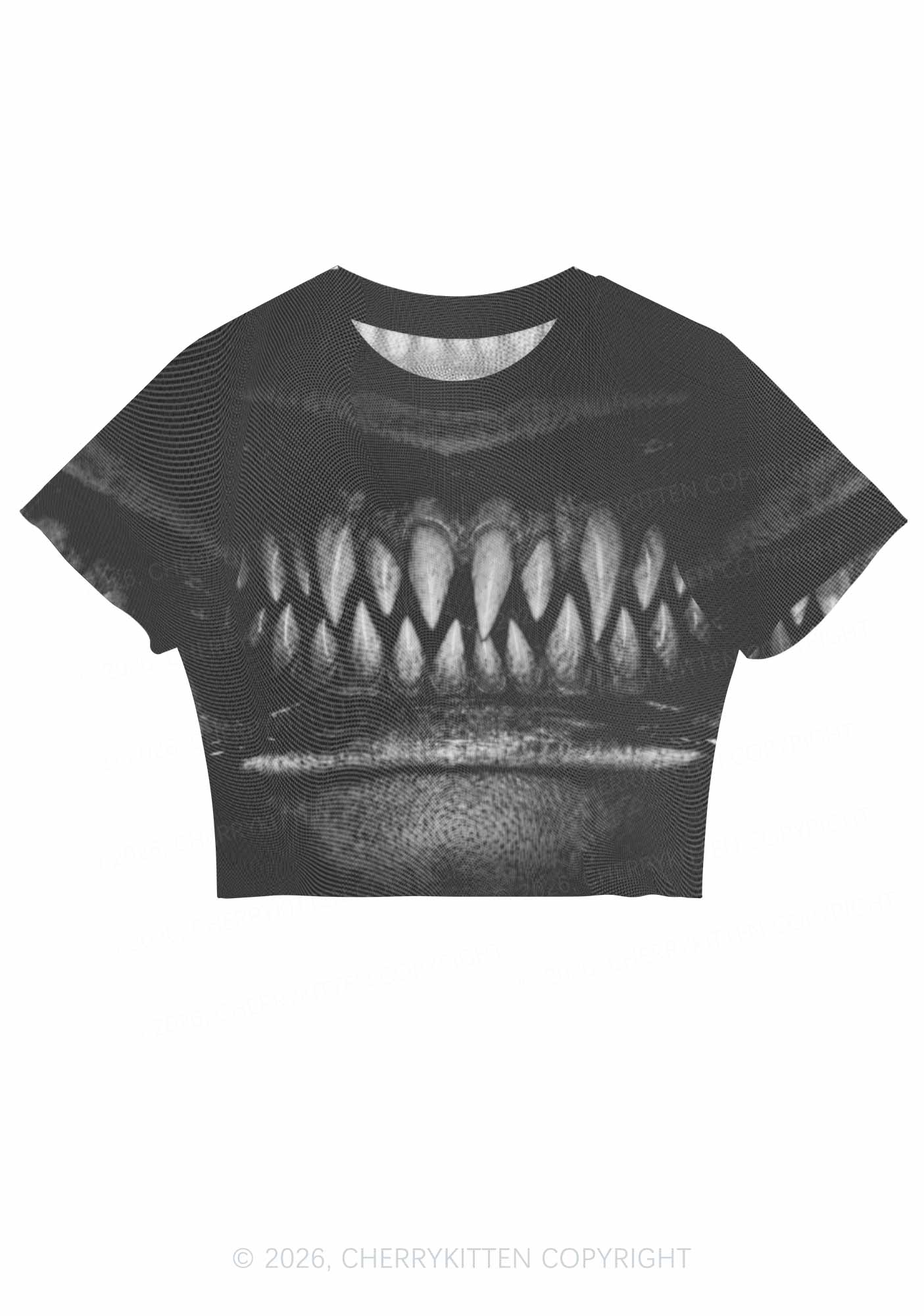 Halloween Monster Sharp Fangs Y2K Mesh Crop Top Cherrykitten