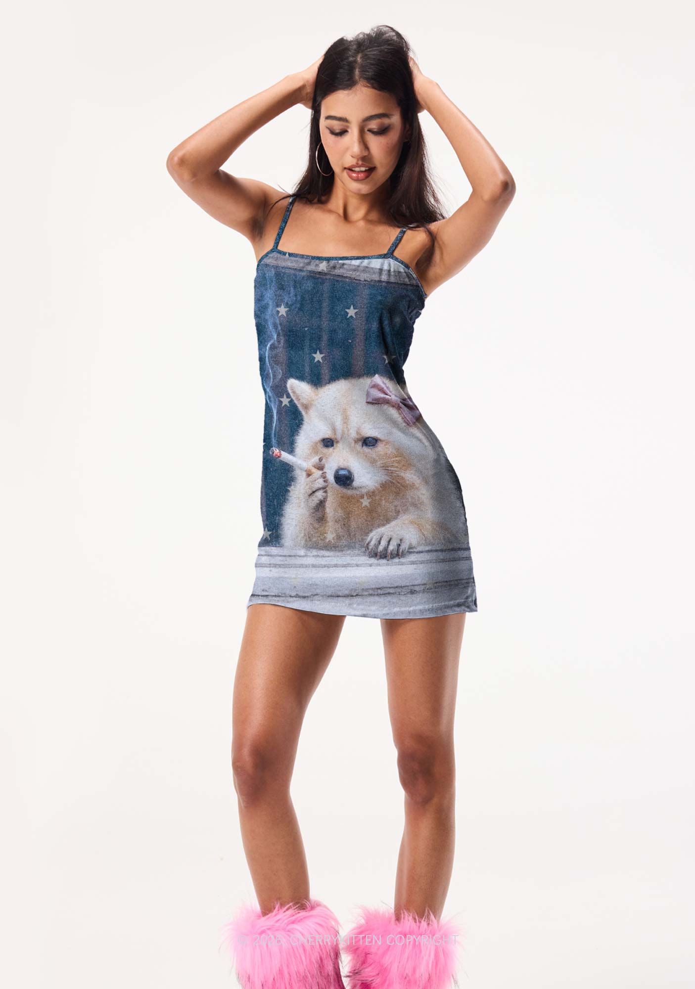 Pink Bow Smoking Raccoon Y2K Print Slip Dress Cherrykitten