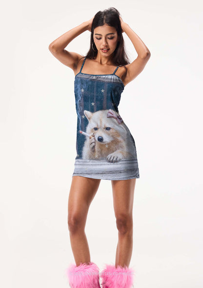 Pink Bow Smoking Raccoon Y2K Print Slip Dress Cherrykitten