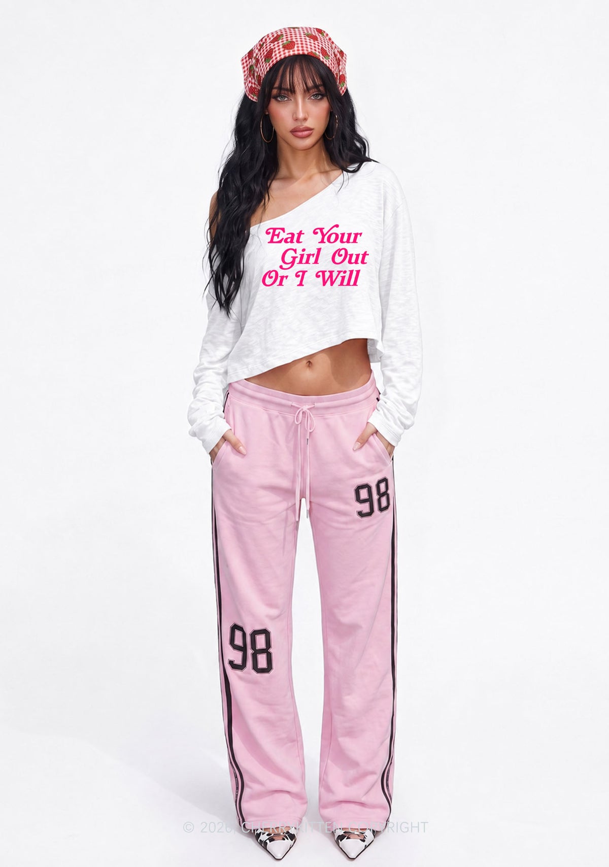Eat Your Girl Out Y2K Off Shoulder Long Sleeve Crop Top Cherrykitten