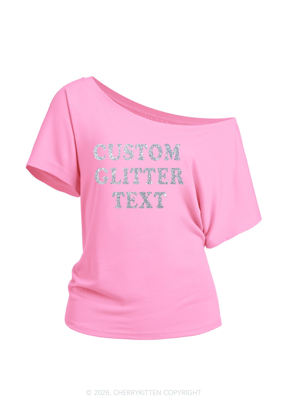 Custom Text Glitter Y2K Off Shoulder Tee Cherrykitten