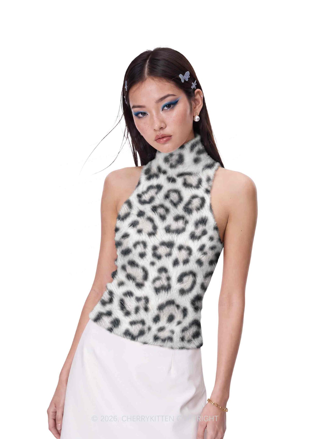 White Leopard Y2K Knit Turtleneck Tank Top Cherrykitten