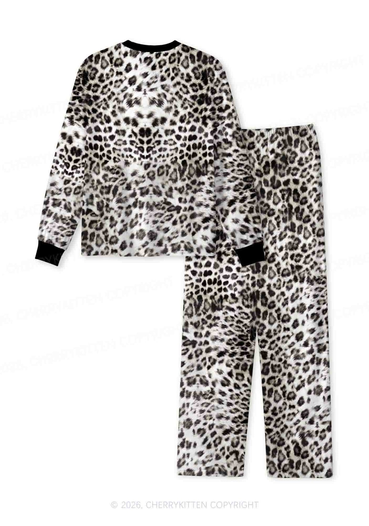 Snow Leopard Y2K Print Long Sleeve Pajama Set Cherrykitten