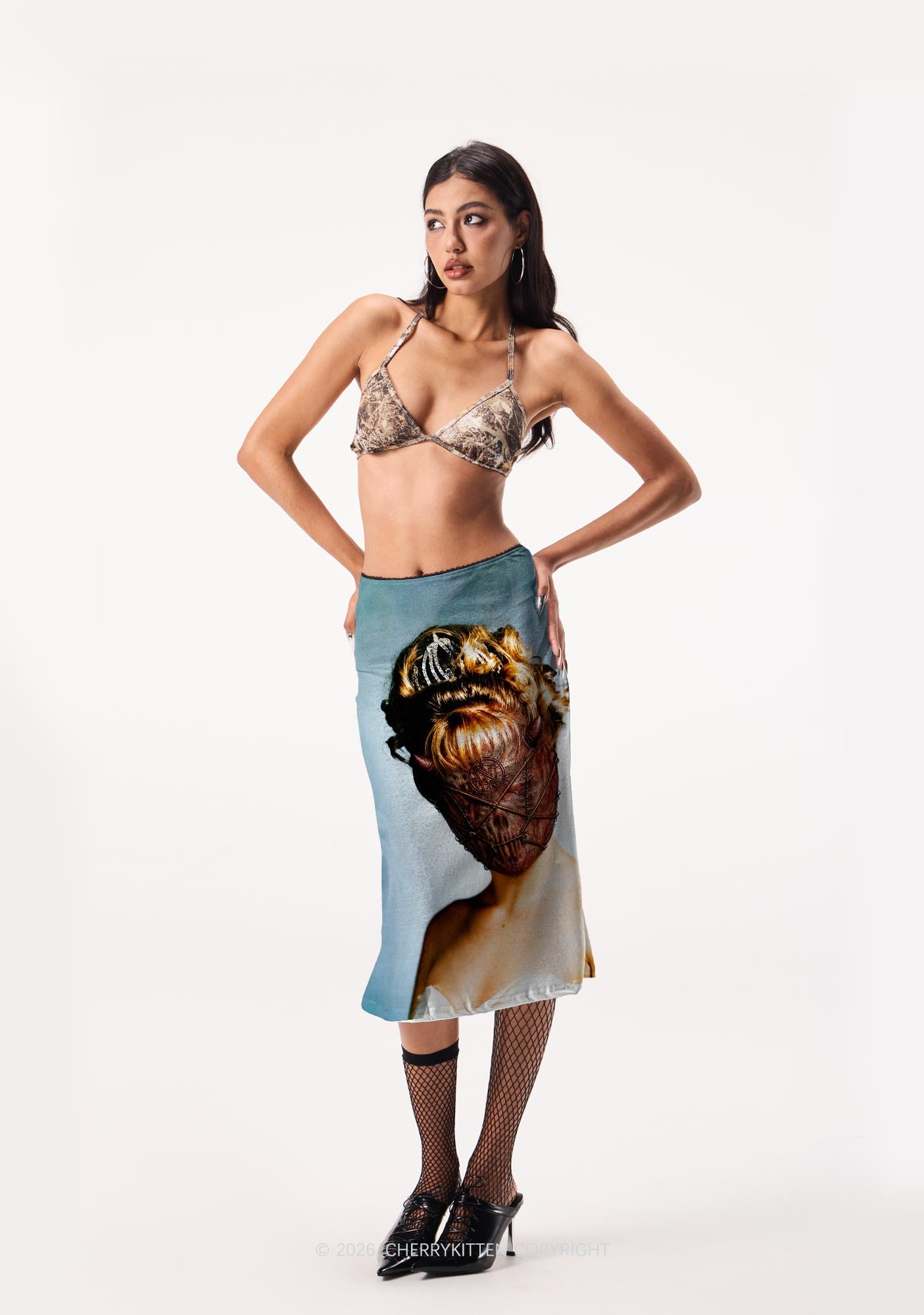 Halloween Demon Mask Woman Y2K Print Midi Skirt Cherrykitten