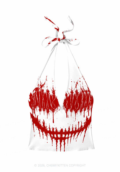Halloween Blood Drip Face Y2K Print Halter Deep V Neck Cami Cherrykitten