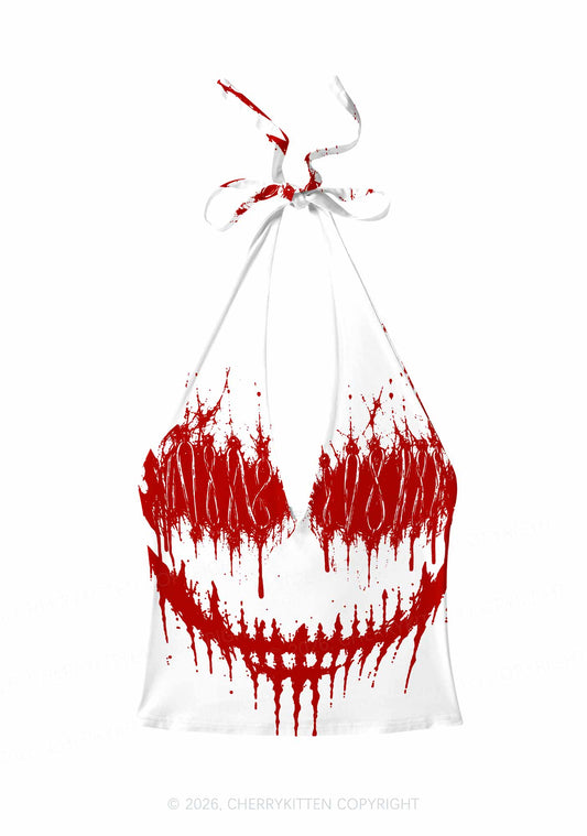 Halloween Blood Drip Face Y2K Print Halter Deep V Neck Cami Cherrykitten