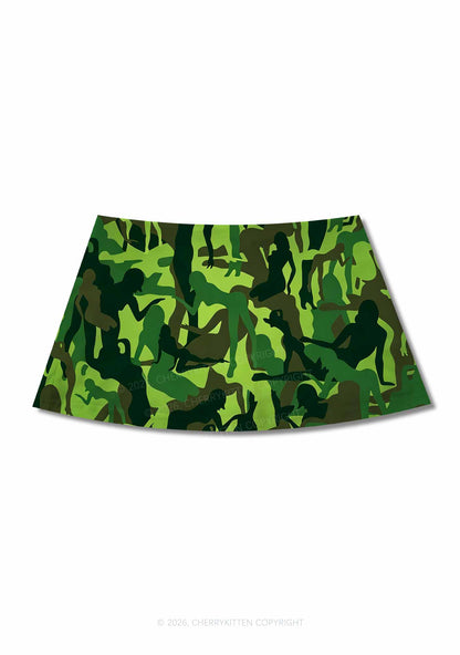 Green Camo Women Figure Y2K Print Mini Skirt Cherrykitten