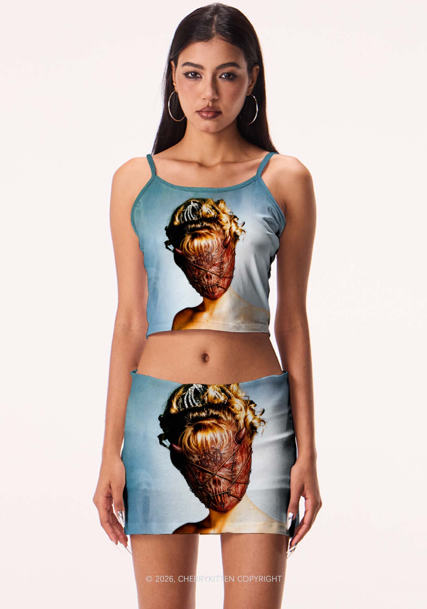 Halloween Demon Mask Woman Y2K Print Mini Skirt Cherrykitten
