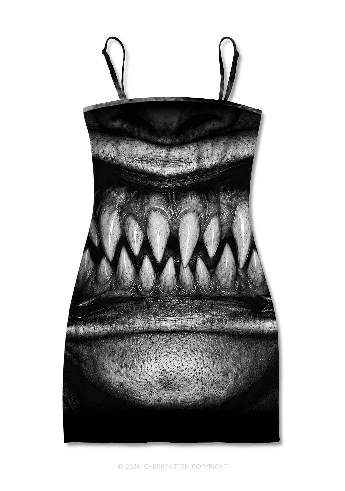 Halloween Monster Sharp Fangs Y2K Print Slip Dress Cherrykitten