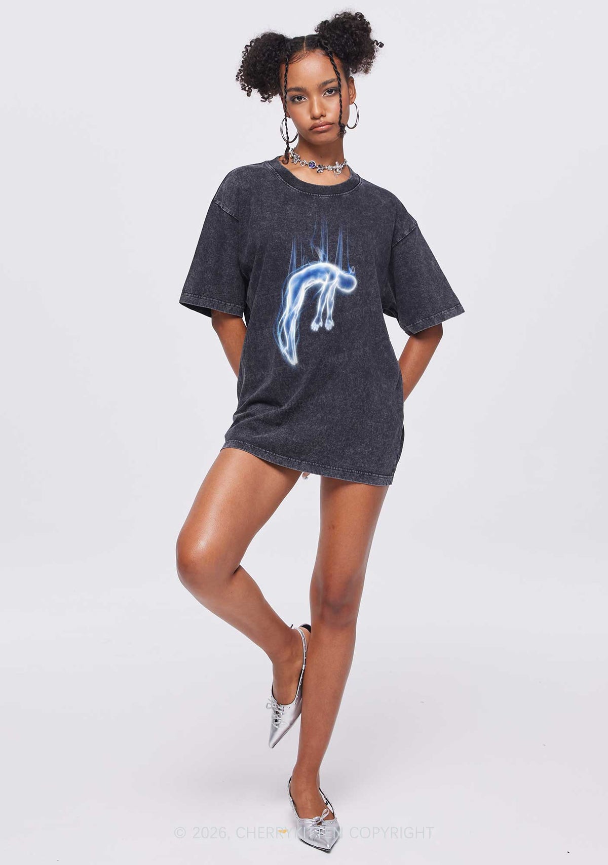 Halloween Blue Falling Ghost Y2K Shirts Washed Tee Cherrykitten