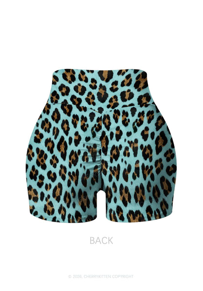 Mint Green Leopard Y2K Print Gym Shorts Cherrykitten