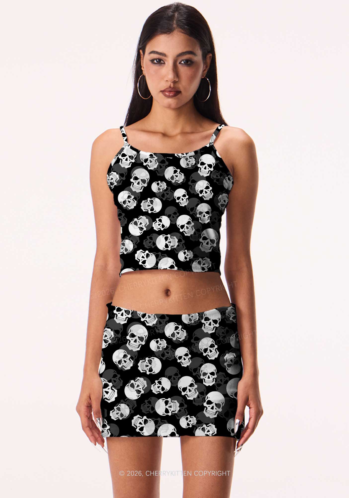 Halloween White Skull On Black Y2K Print Mini Skirt Cherrykitten