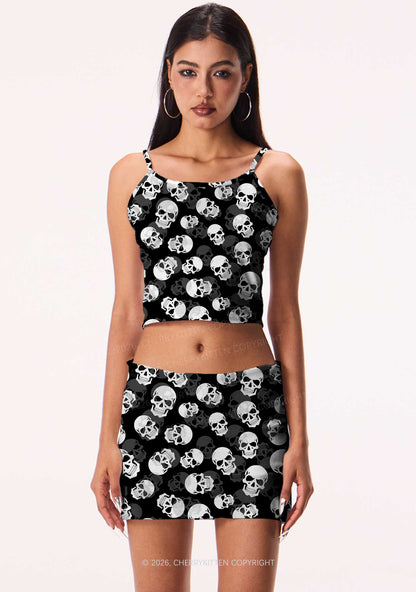 Halloween White Skull On Black Y2K Print Mini Skirt Cherrykitten