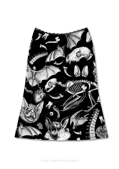 Halloween Goth Animal Bone Skull Y2K Print Midi Skirt Cherrykitten