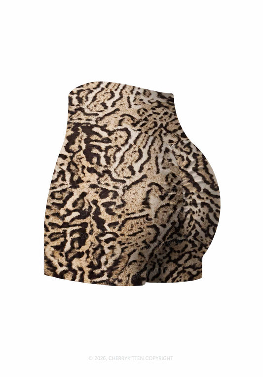 Brown Black Leopard Y2K Print Gym Shorts Cherrykitten